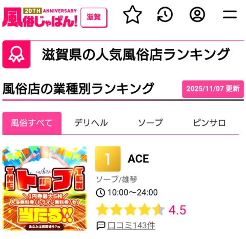 【滋賀風俗】週間ランキング1位☆ありがとうございます(*ᴗ͈ˬᴗ͈)ꕤ*.ﾟ